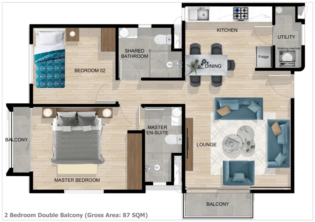 2 BED RENDERED FLOOR PLAN DOUBLE BALCONY 87SQM