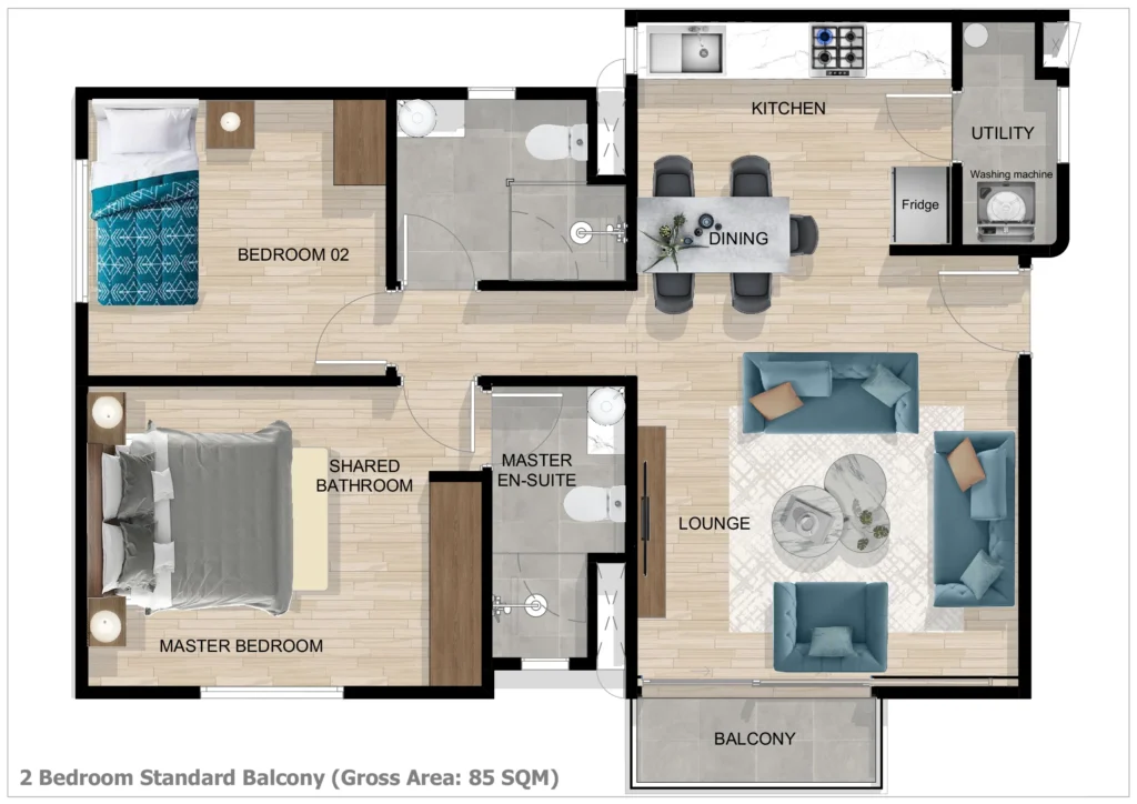 2 BED RENDERED FLOOR PLAN SINGLE BALCONY 85SQM