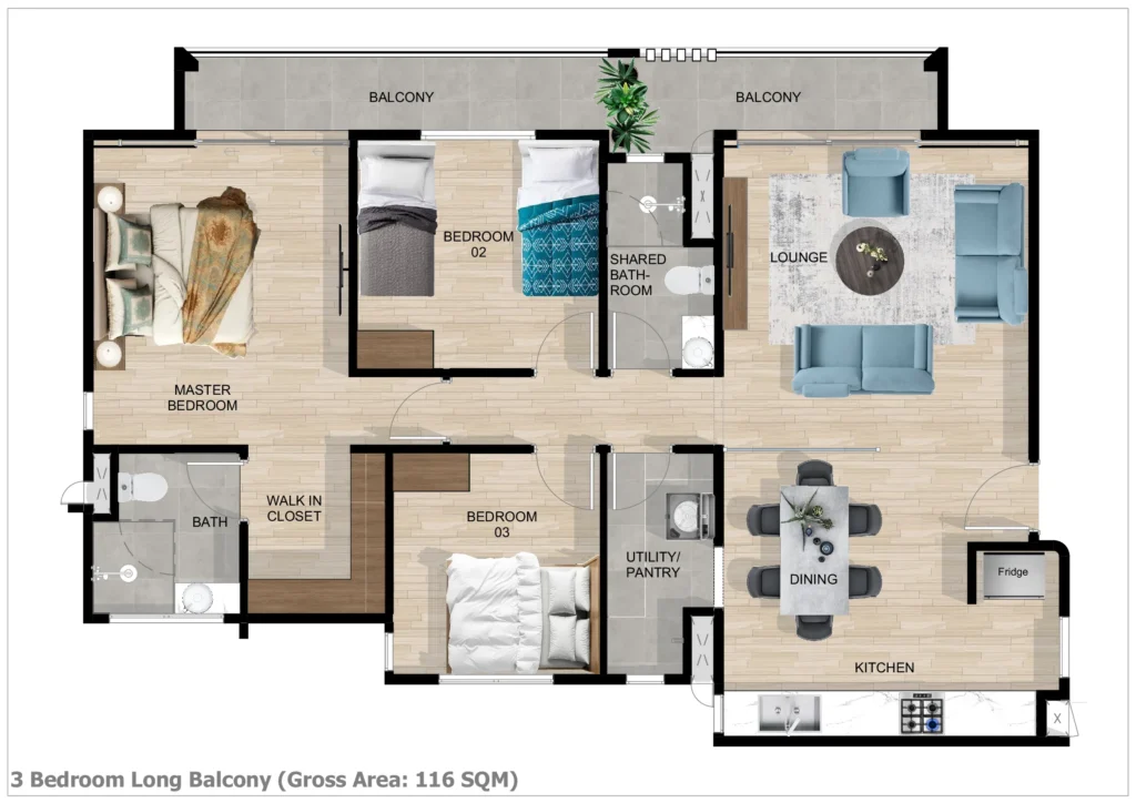 3 BED RENDERED FLOOR PLAN LONG BALCONY 116SQM