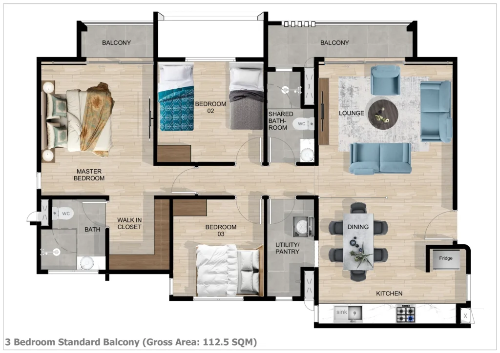 3 BED RENDERED FLOOR PLAN STANDARD BALCONY 112.5SQM
