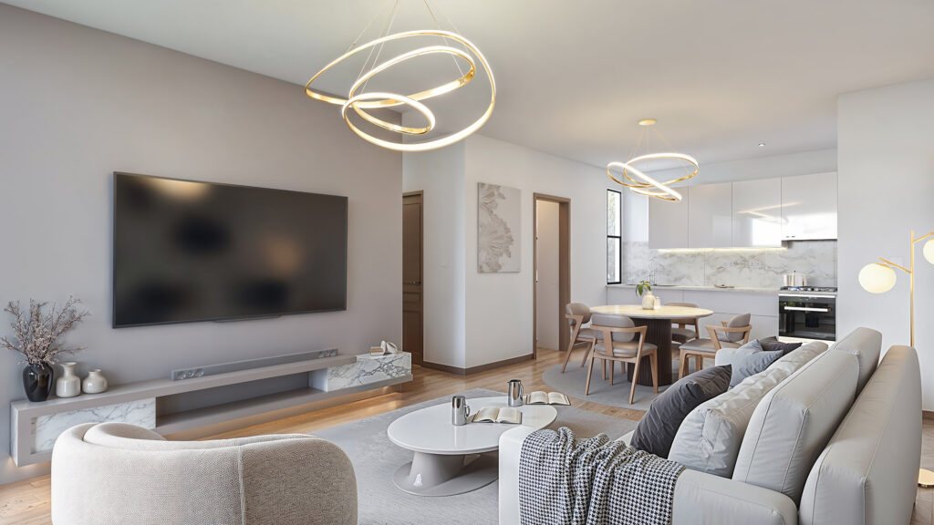 Unity Parkside_3 BR_Lounge_Dining_Kitchen Render