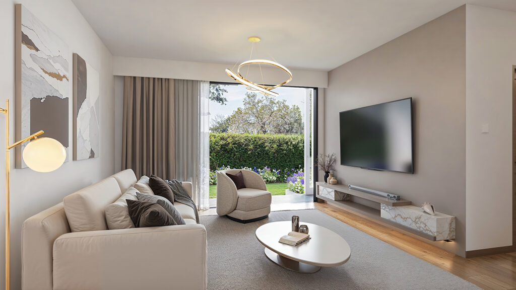 Unity Parkside_3 BR_Lounge_Garden Render